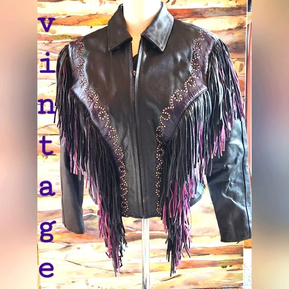 VTG 80s Black Leather Pink Purple Fringe Bike Zip Up Elastic Waist Jacket M - Picture 3 of 16